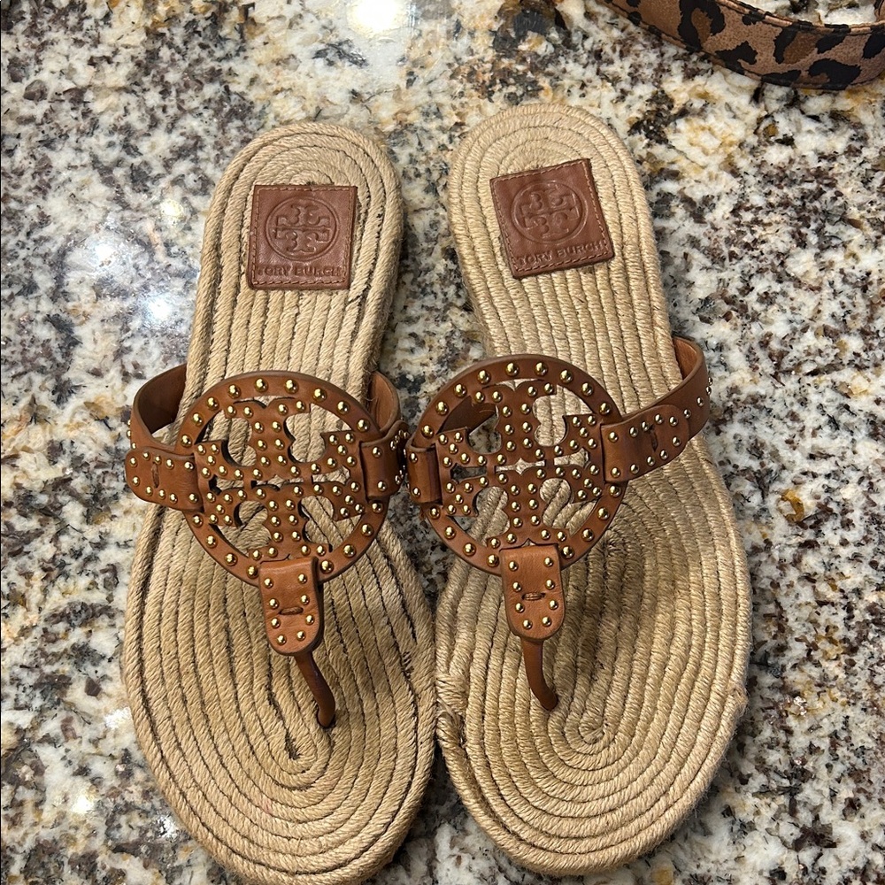 Tory Burch Brown Leather Studded Logo Thong Espadrille Sandals